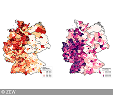 Die Karten zeigen Anteil (links) und Veränderung (rechts) betroffener Unternehmen mit mindestens einer „Corona"-Webreferenz nach Kreisen in Deutschland.