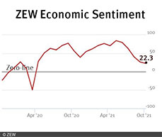 ZEW Indicator of Economic Sentiment decreased again in the current October 2021 survey.