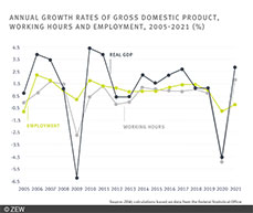 The figure illustrates the annual change in real GDP rates, working hours and employment for the period 2005 to 2021.